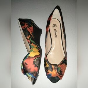 J.Renee (Size 9) Multicolor Satin Floral Print Knot Design Peep Toe Wedge Heels